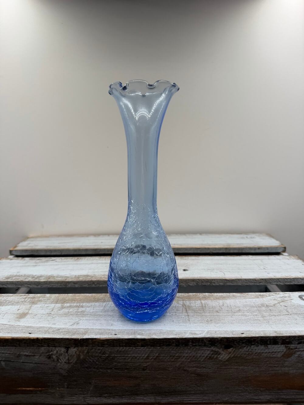 Vintage Blue Crackle Glass Bud Vase - Ruffled Rim - Hand Blown Art Glass - 8"
